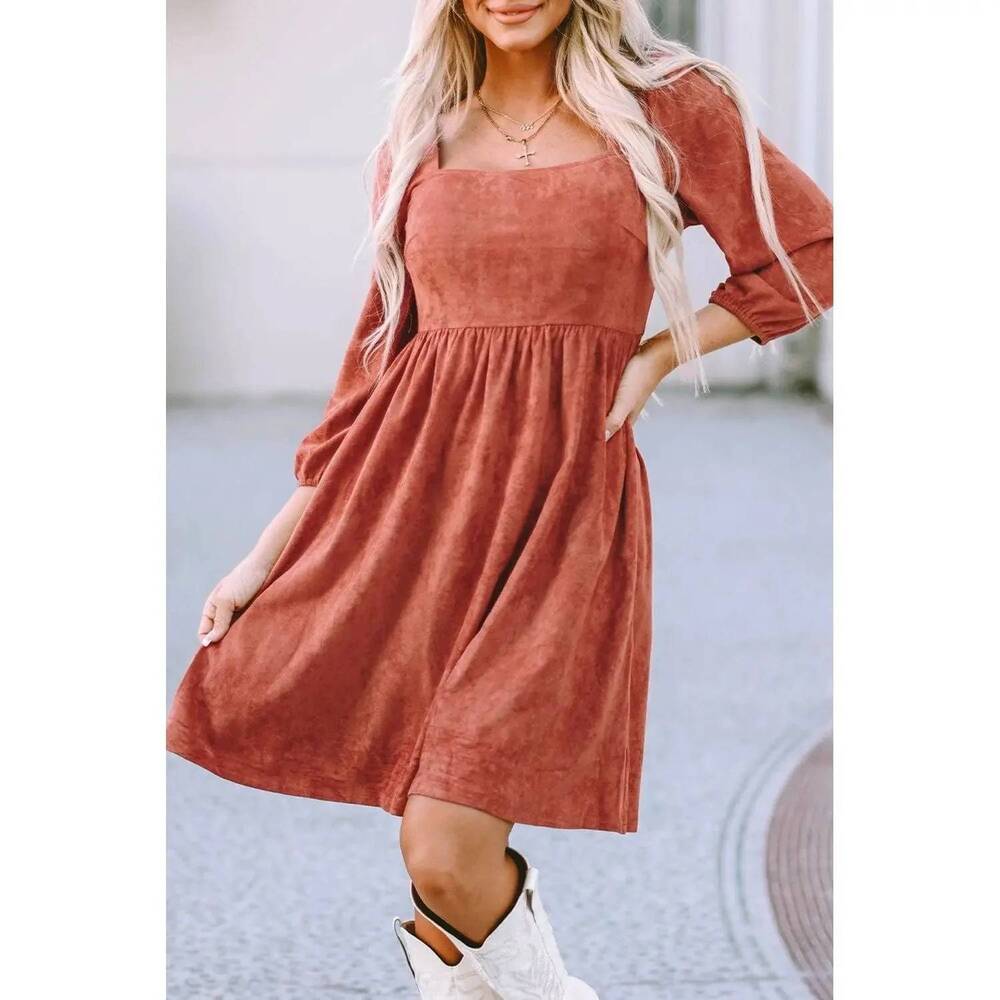 NEW DEAR LOVER suede square neck puff sleeve dress in brown
